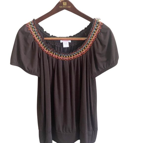 Biaggi Brown Top with Embroidered Neckline. Size XL. - Picture 2 of 6